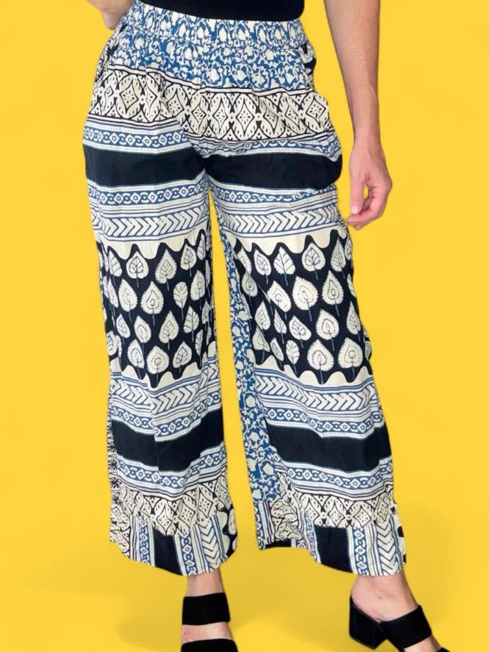 Sergio Modamare Blue Black Patchwork Leaf Hippie Casual Pants